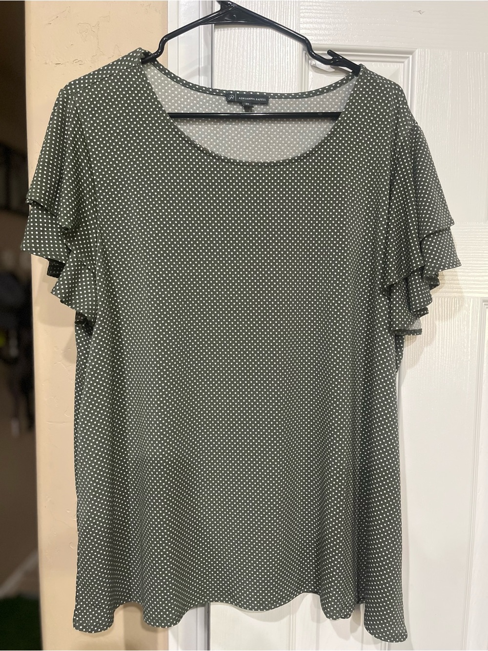 Adrianna Papell Olive Green Polka Dot Flutter Sleeve Tee